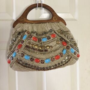 Aldo khaki canvas beads wooden handle satchel bag